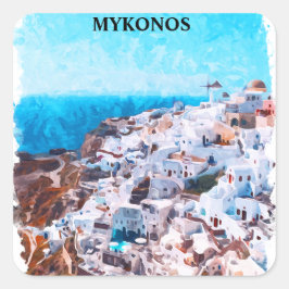 Mykonos Greece Watercolor Painting Fyrkantigt Klistermärke