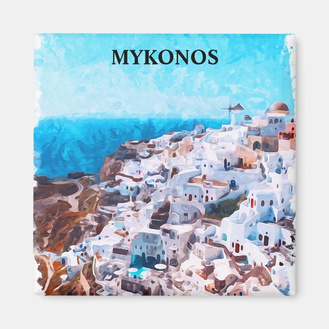 Mykonos Greece Watercolor Painting Magnet (Framsidan)