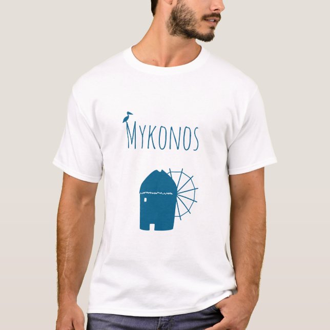 Mykonos, Grekland: Ikonisk Kvarn och pelikanfågel T Shirt (Framsida)