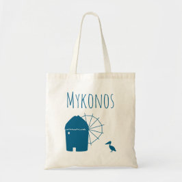 Mykonos, Grekland: Ikonisk Kvarn och pelikansk fåg Tygkasse