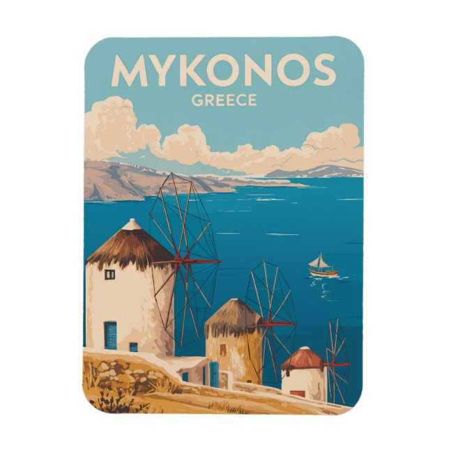 Mykonos Grekland Illustration Resa Konst Vintage Magnet (Vertikal)