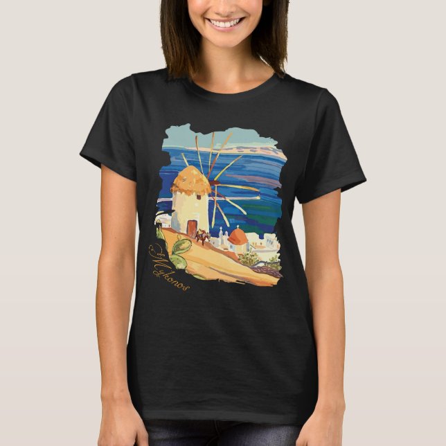 Mykonos Grekland Vindkraftverk Blå Kust Resa T Shirt (Framsida)