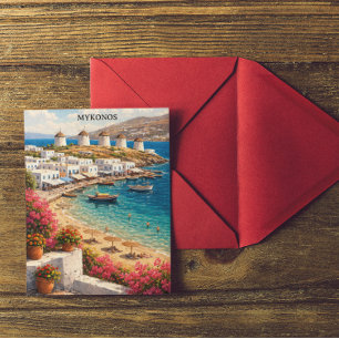 Mykonos Grekland Vindkraftverk Retro Resa Illustra Vykort