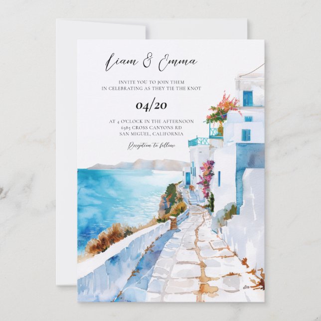 Mykonos Grekland Watercolor Bröllop Inbjudningar (Framsida)