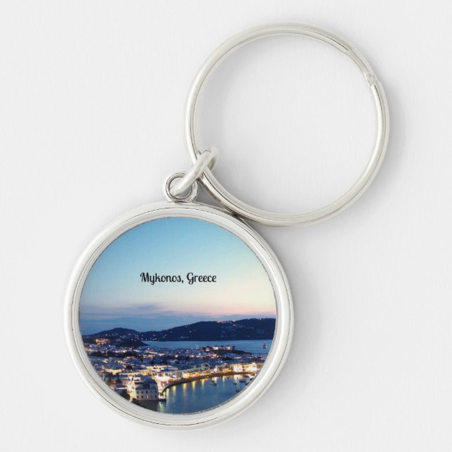 Mykonos, Greklands panorama Rund Silverfärgad Nyckelring (Framsidan)