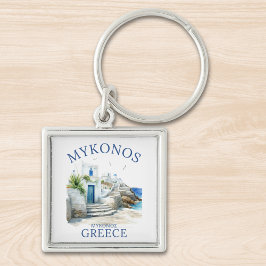 Mykonos in Watercolor Bliss Fyrkantig Silverfärgad Nyckelring