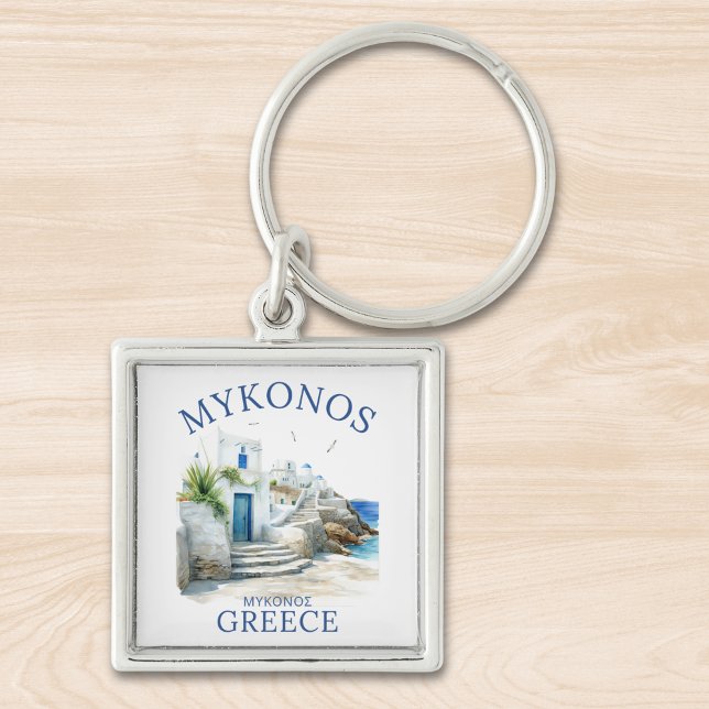 Mykonos in Watercolor Bliss Fyrkantig Silverfärgad Nyckelring (Skapare uppladdad)