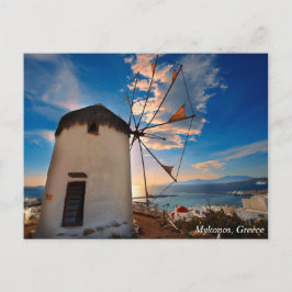Mykonos kvarnsolnedgång, Grekland Vykort