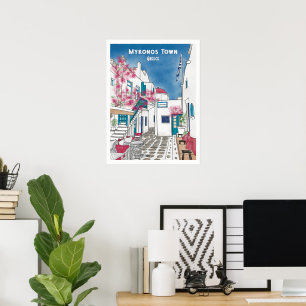 Mykonos Town Greece Travel Teckning Poster
