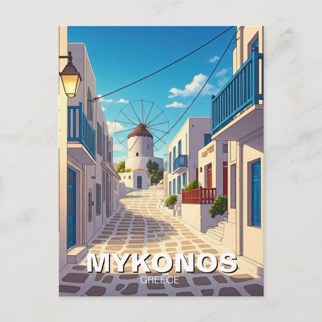 Mykonos Väg Grekland Cyclades Travel Vykort (Framsida)