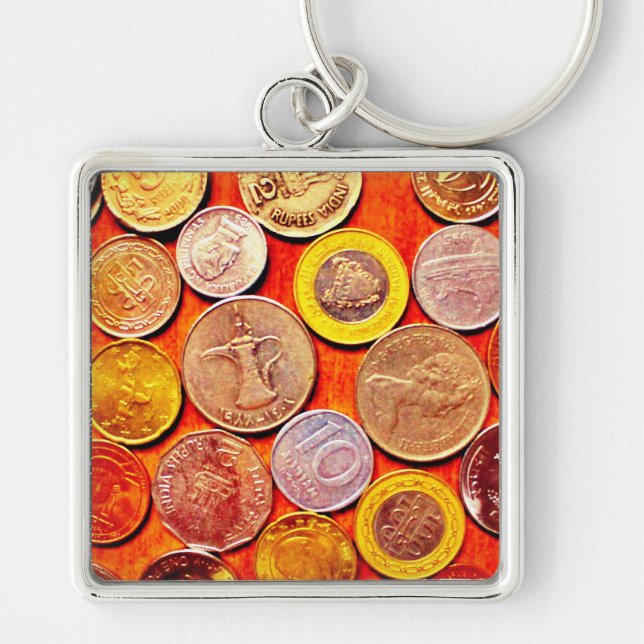 Mynt i världen fyrkantig silverfärgad nyckelring (Framsidan)