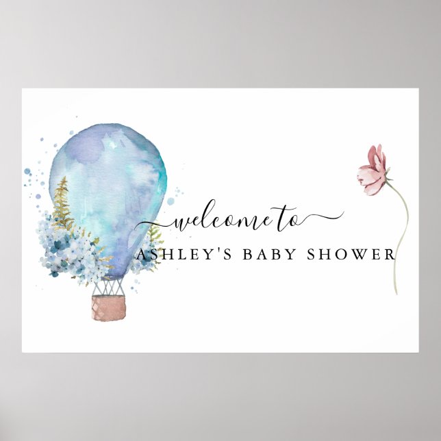 Mynta Blommig Varm Luft Ballong Baby Shower Poster (Framsidan)