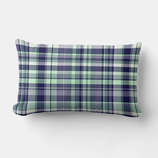 Mynta, Marinblå, Vit Preppy Madras-rutig Lumbarkudde (Framsida)