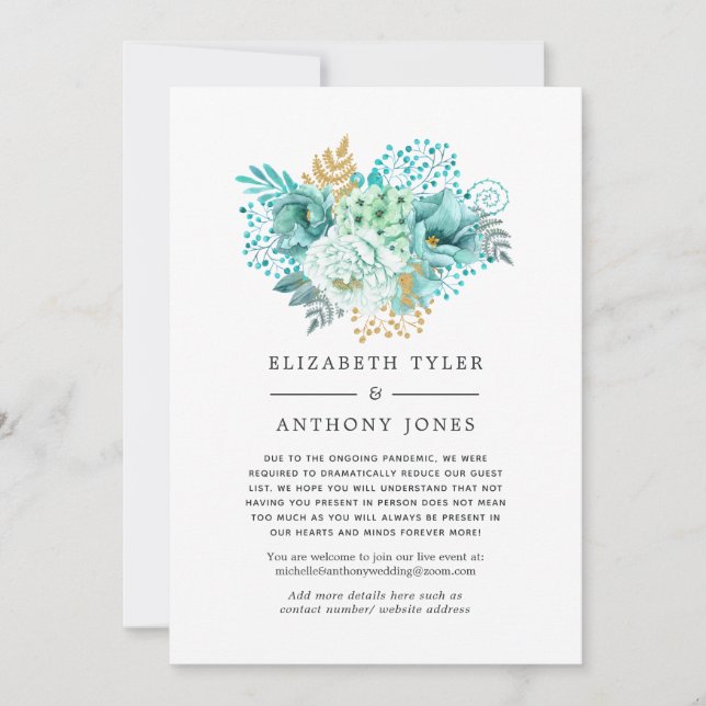 Mynta och guld blommig reducerad bröllopsgästlista meddelande (Framsida)