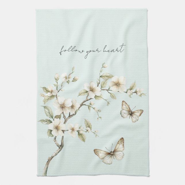 Mynta Vita Blommor Fjärilar  Kökshandduk (Vertikal)