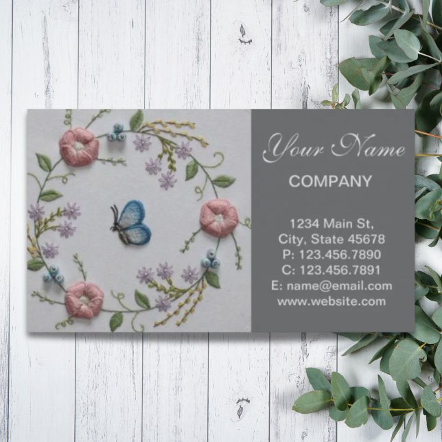 myntgrönt rosa Embroidery Blommigt blue Butterfly Visitkort (mint green pink Embroidery Floral blue Butterfly Business Card)