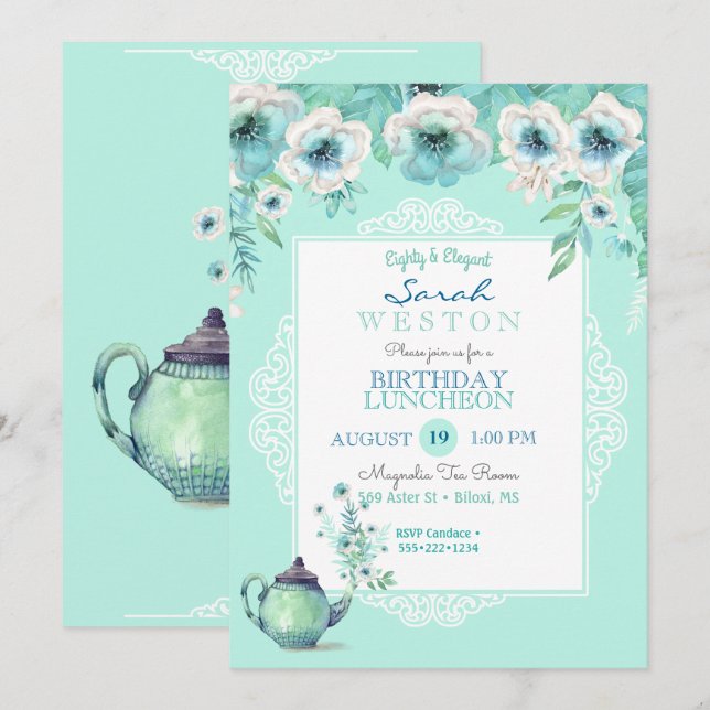 Myntte Tekanna Akvarell Blommor Inbjudningar (Fram/baksida)