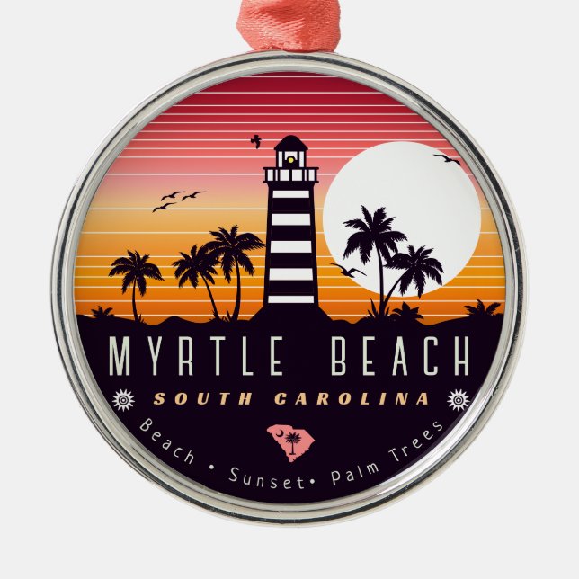 Myrtle Beach fyr SC Retro Sunset Souvenirs Julgransprydnad Metall (Framsidan)