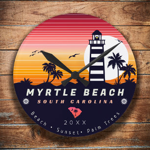 Myrtle Beach fyr SC Retro Sunset Souvenirs Rund Klocka