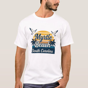 Myrtle Beach SC Retro Solnedgång Palmträd Måsar T Shirt