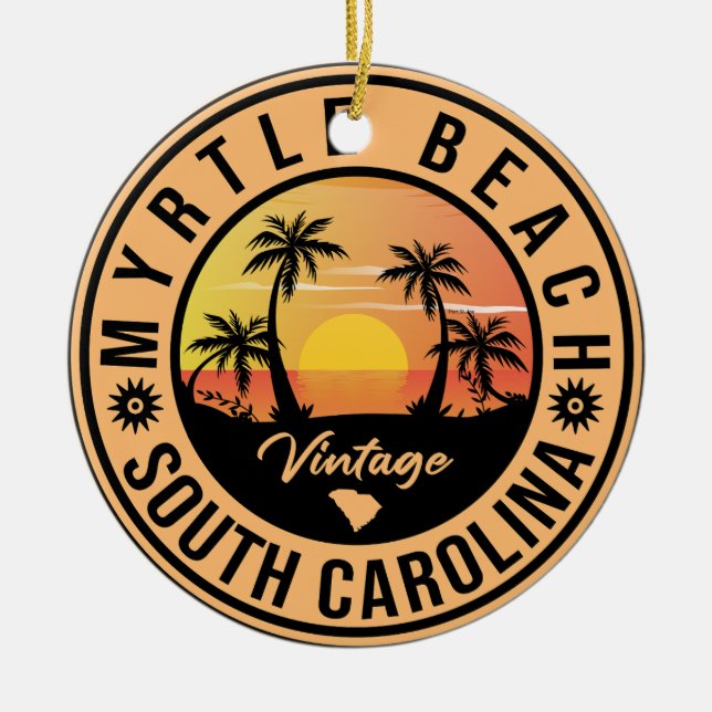 Myrtle Beach South Carolina Retro Sunset Souvenir Julgransprydnad Keramik (Framsidan)