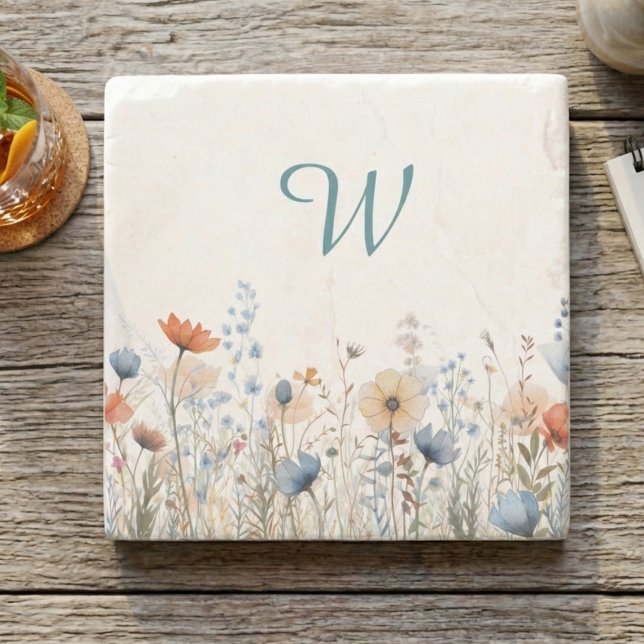 mysig äng med vildblommor och monogram – botanisk stenunderlägg (Wildflower monogram drink coaster)
