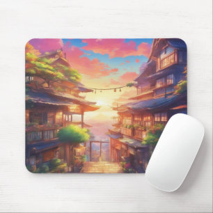 Mysig Anime Japansk By Solnedgång Musmatta - Trad