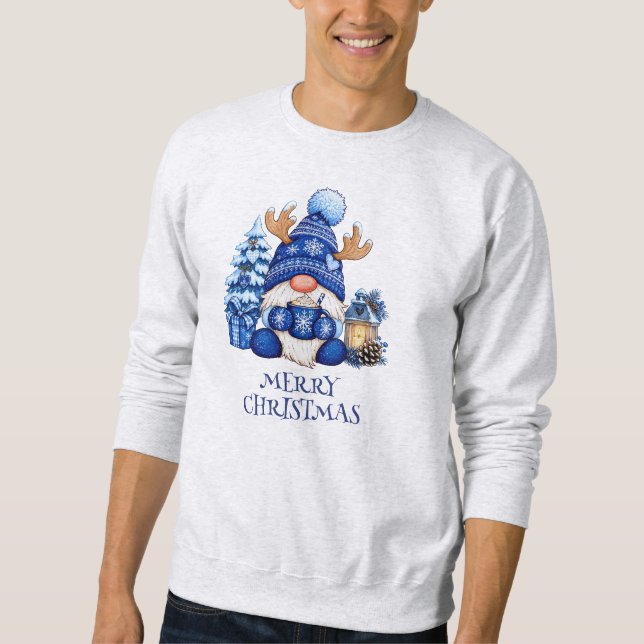  mysig blå jul Tomte Varm Kakao Herr  Lång Ärmad Tröja (Framsida)