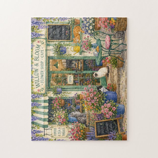 mysig blomsterbutik kafé katter akvarell pussel (Vertikal)