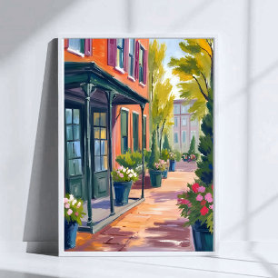 mysig blomsterbutiksgata blommande stad akvarell poster