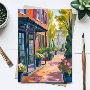 mysig blomsterbutiksgata blommande stad akvarell vykort