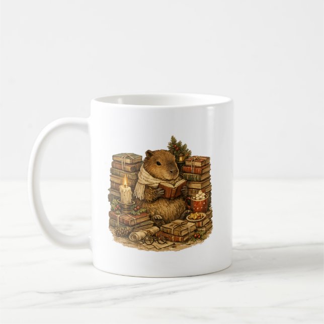  mysig Capybara Läs Böcker Julpresent Kaffemugg (Vänster)