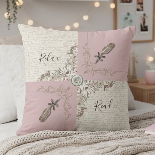 mysig dammig rosa ros bokälskare inredning kudde (Cozy gift for a teen girl who loves reading, journaling, and pink vibes)