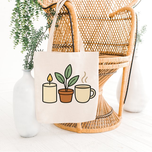 mysig design med levande ljus, kruka och mugg tygkasse (Skapare uppladdad)