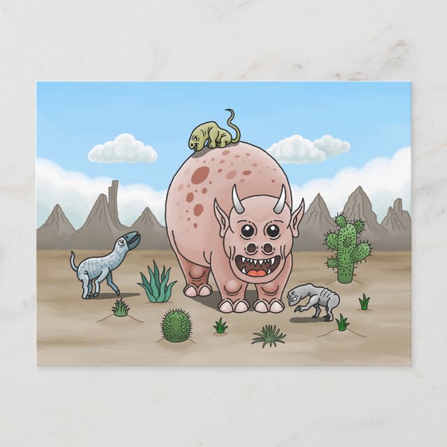  mysig fantasy dinosaurier i öknen vykort (Framsida)
