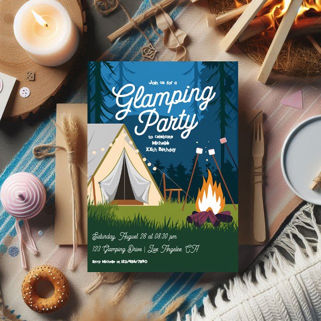  mysig glidningspartaj med lägereld och tält inbjudningar (Cozy Campfire and Tent Glamping Party Invitation)