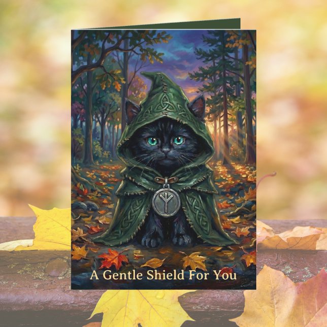 mysig gotisk svart katt Eolhx-runa hälsningskort f Kort (Get Well Soon Celtic Cat Design Eolhx Rune for Protection & healing greeting note cards. Autumn Fall)