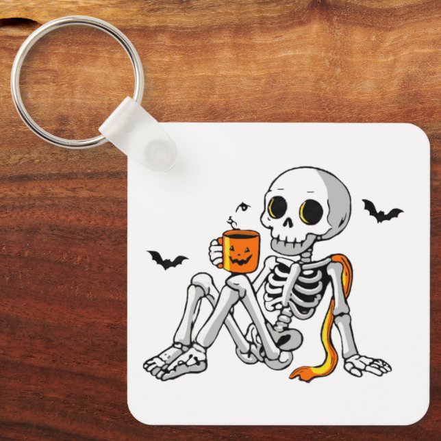  mysig Halloween-skelett med kaffe & fladdermöss-m Nyckelring (Framsida)