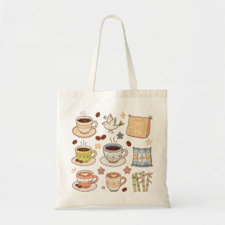 mysig handritad kaffe- och folkkonst doodle-set tygkasse