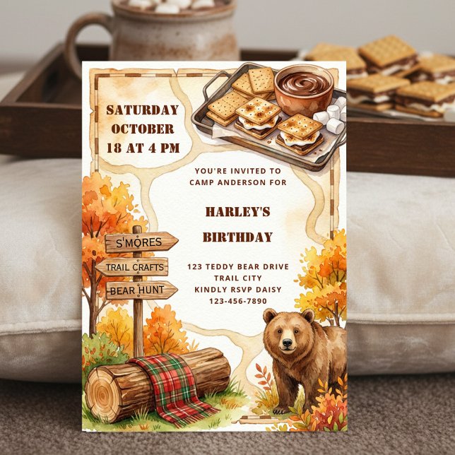  mysig hemvist för camping födelsedagsläger Smores Inbjudningar (Camping theme birthday invitation by Darling & May)