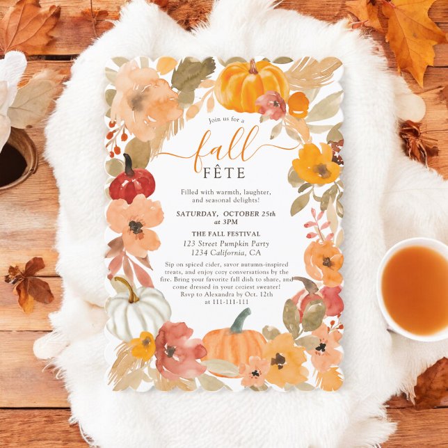 mysig höst akvarell pumpa blomster höstfest inbjudningar (Cozy Autumn Watercolor Pumpkin Floral Fall Fête Invitation)