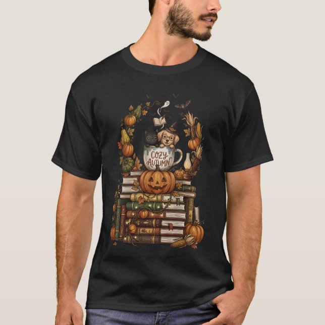  mysig höst katt hund pumpa böcker t shirt (Framsida)