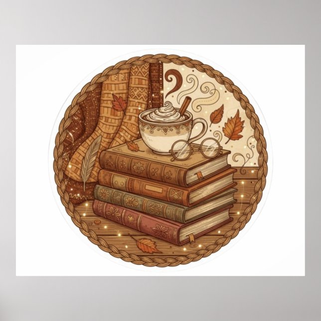  mysig höstbok och kaffeillustration poster (Framsidan)