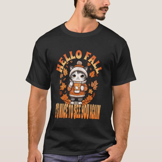 mysig höstkat med kaffe höst t shirt (Framsida)