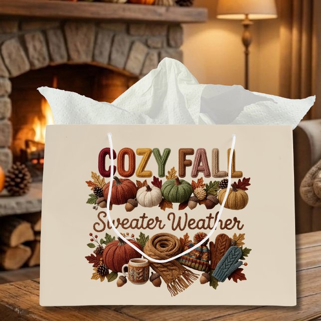 mysig höstsvetterväder -Yarn Art (Zazzle Cozy Fall Sweater Weather -Yarn Art Large Gift Bag)