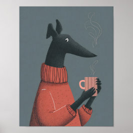 Mysig hundaffisch – Stilisert Greyhound med mugg Poster