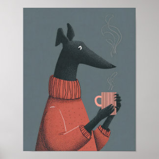 Mysig hundaffisch – Stilisert Greyhound med mugg Poster