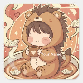  mysig igelkott kaffet kvadratisk journaldekal fyrkantigt klistermärke