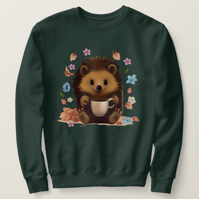  Mysig Igelkott med Kaffe - Söt Höstkonst Lång Ärmad Tröja (Design framsida)