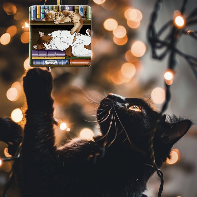 mysig illustration av bokhylla med sovande katter  julgransprydnad keramik (Skapare uppladdad)